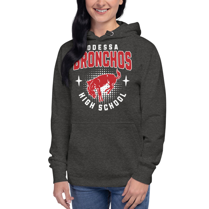 Woman wearing Odessa High School Bronchos Dark Grey Premium Unisex Hoodie 204