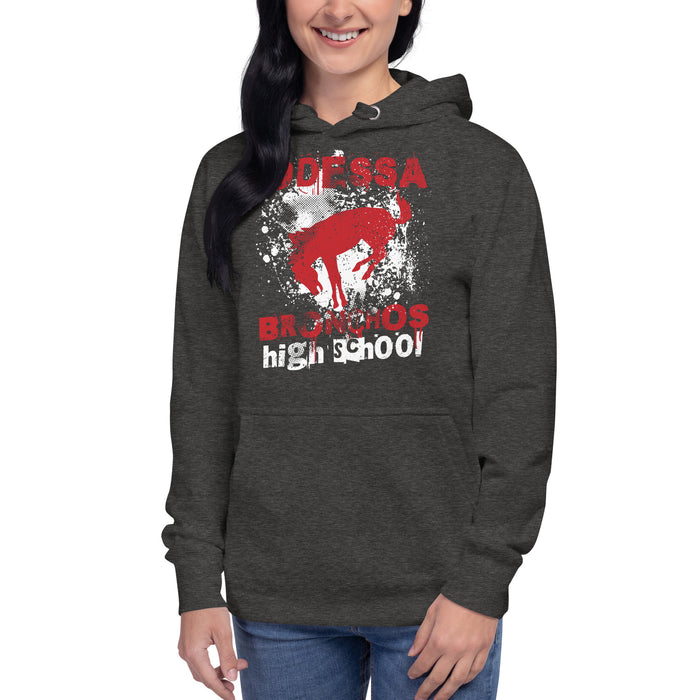 Woman wearing Odessa High School Bronchos Dark Grey Premium Unisex Hoodie 205