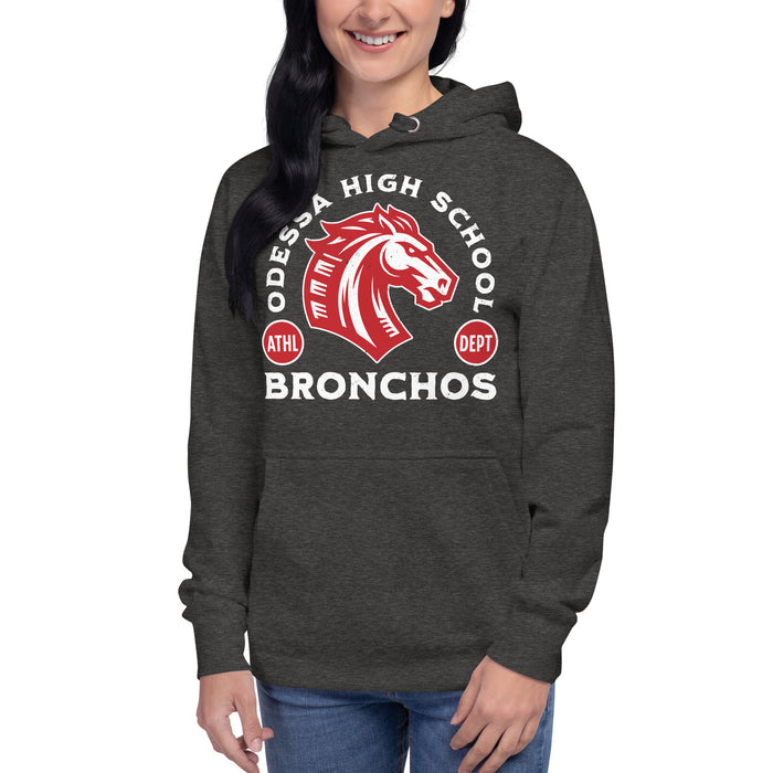 Woman wearing Odessa High School Bronchos Dark Grey Premium Unisex Hoodie 208