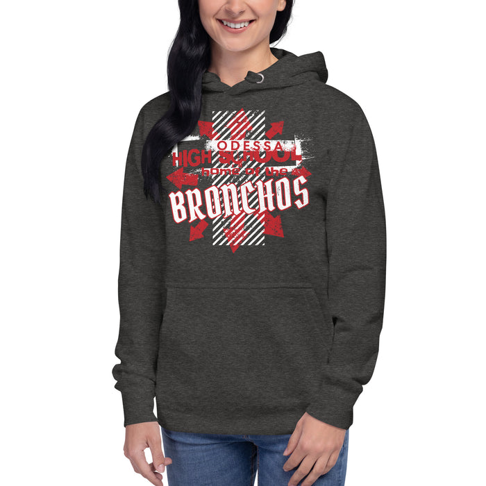 Woman wearing Odessa High School Bronchos Dark Grey Premium Unisex Hoodie 210