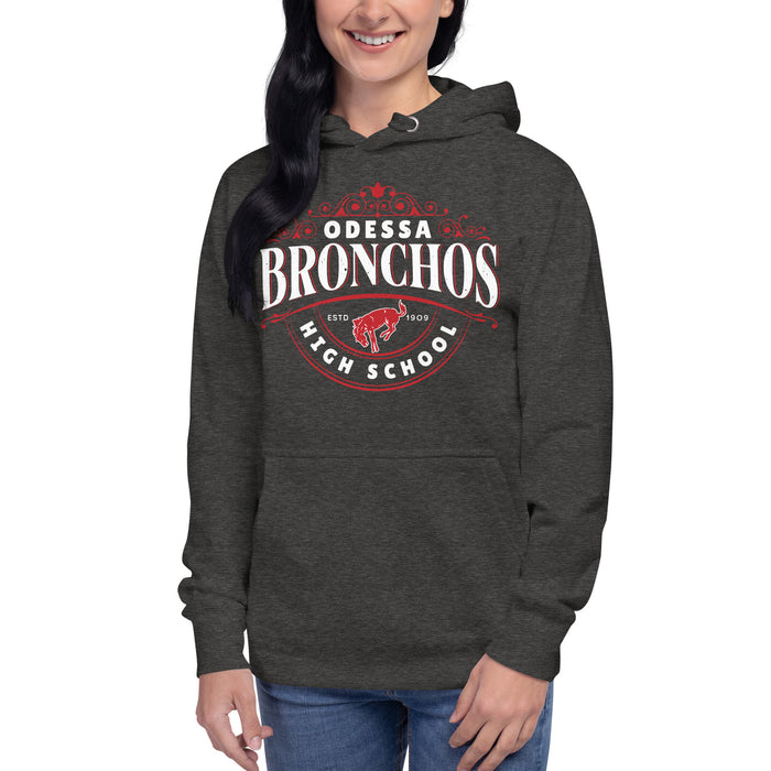 Woman wearing Odessa High School Bronchos Dark Grey Premium Unisex Hoodie 211