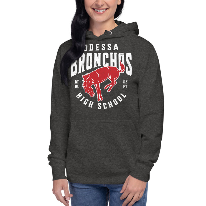 Woman wearing Odessa High School Bronchos Dark Grey Premium Unisex Hoodie 213