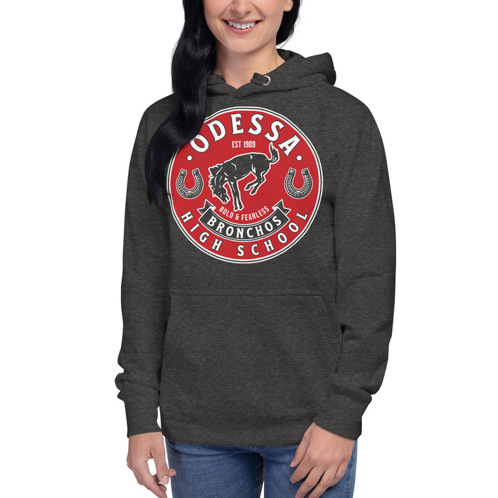 Woman wearing Odessa High School Bronchos Dark Grey Premium Unisex Hoodie 215