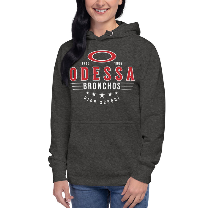 Woman wearing Odessa High School Bronchos Dark Grey Premium Unisex Hoodie 217