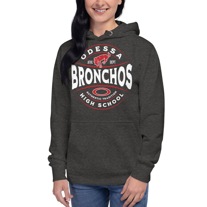 Woman wearing Odessa High School Bronchos Dark Grey Premium Unisex Hoodie 218