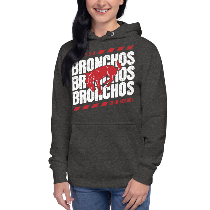 Woman wearing Odessa High School Bronchos Dark Grey Premium Unisex Hoodie 223