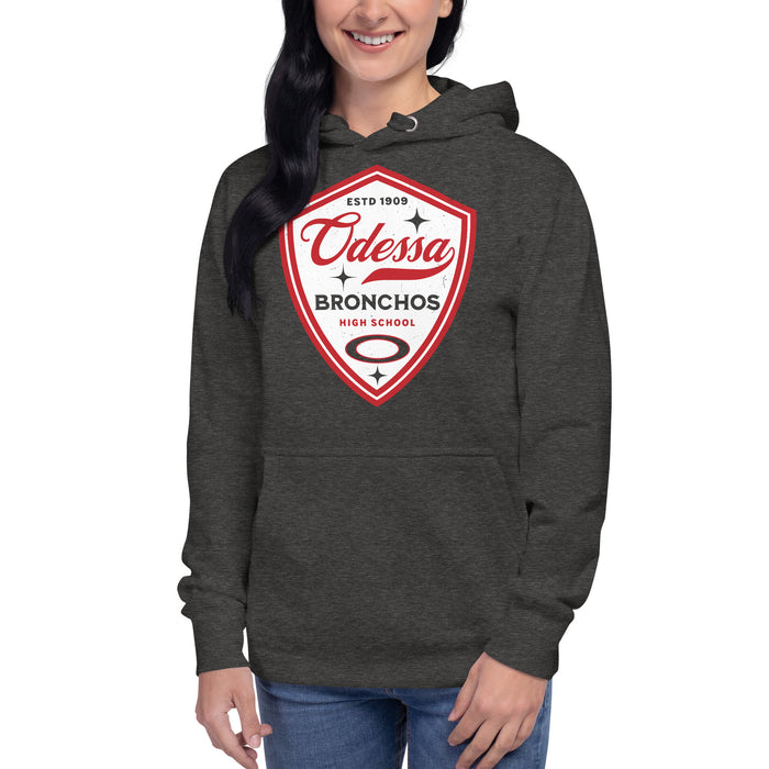 Woman wearing Odessa High School Bronchos Dark Grey Premium Unisex Hoodie 225