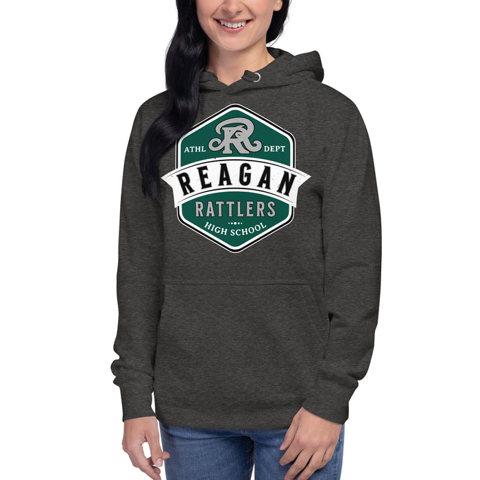 Woman wearing Reagan High School Rattlers Premium Dark Grey Hoodie 209