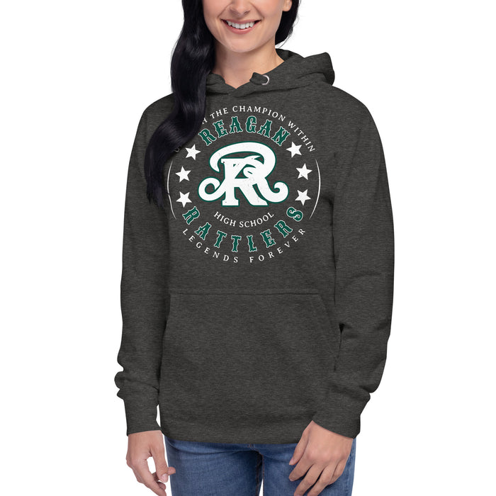 Woman wearing Reagan High School Rattlers Premium Dark Grey Hoodie 214