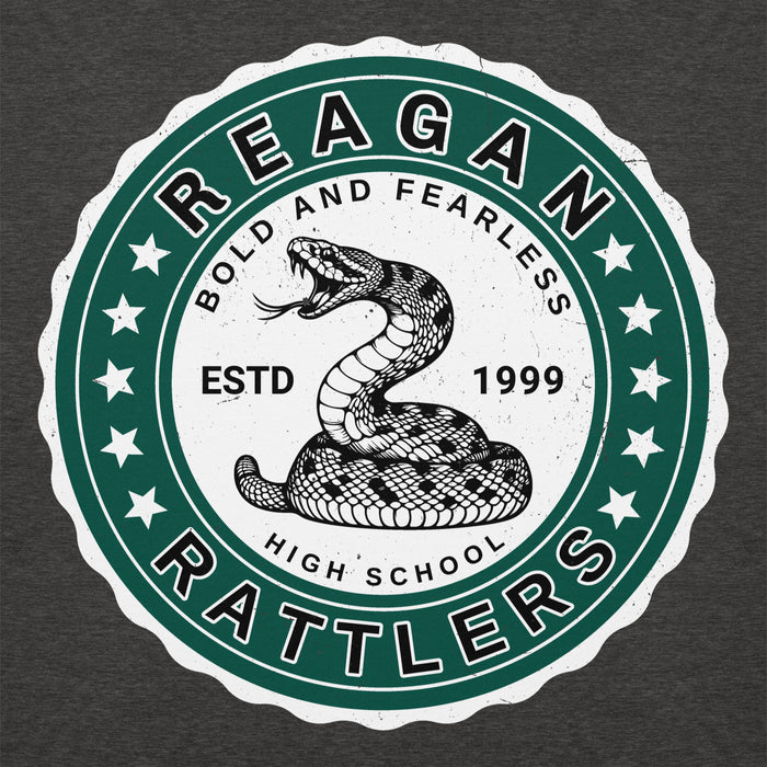 Close-up view of Reagan High School Rattlers Premium Dark Grey Hoodie 216