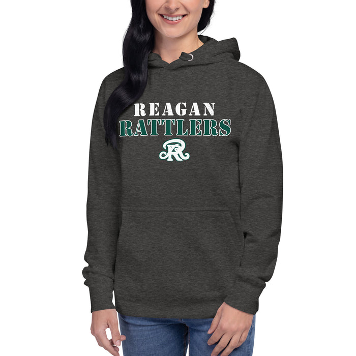 Woman wearing Reagan High School Rattlers Premium Dark Grey Hoodie 222