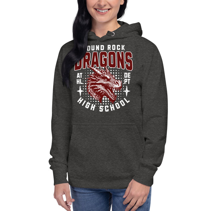 Woman wearing Round Rock High School Dragons Dark Grey Premium Unisex Hoodie 204