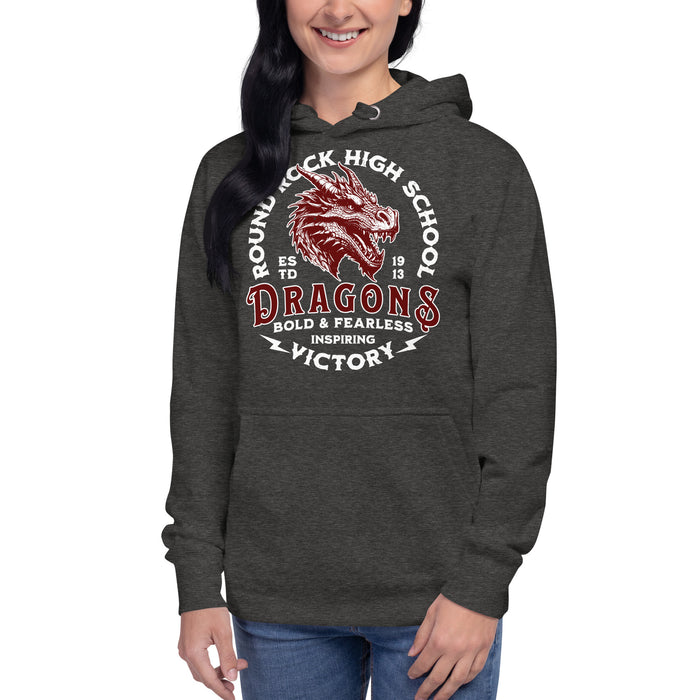 Woman wearing Round Rock High School Dragons Dark Grey Premium Unisex Hoodie 206