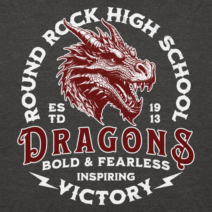 Close-up view of Round Rock High School Dragons Dark Grey Premium Unisex Hoodie 206