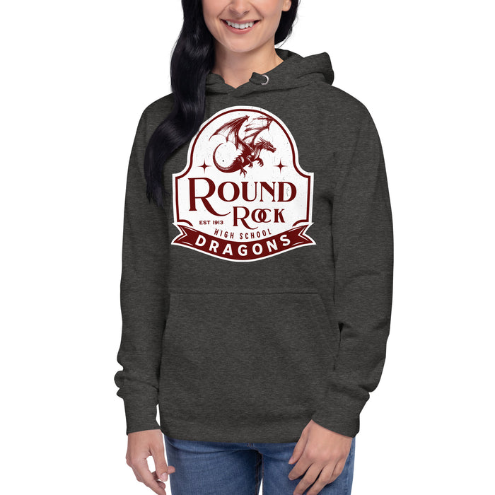 Woman wearing Round Rock High School Dragons Dark Grey Premium Unisex Hoodie 219