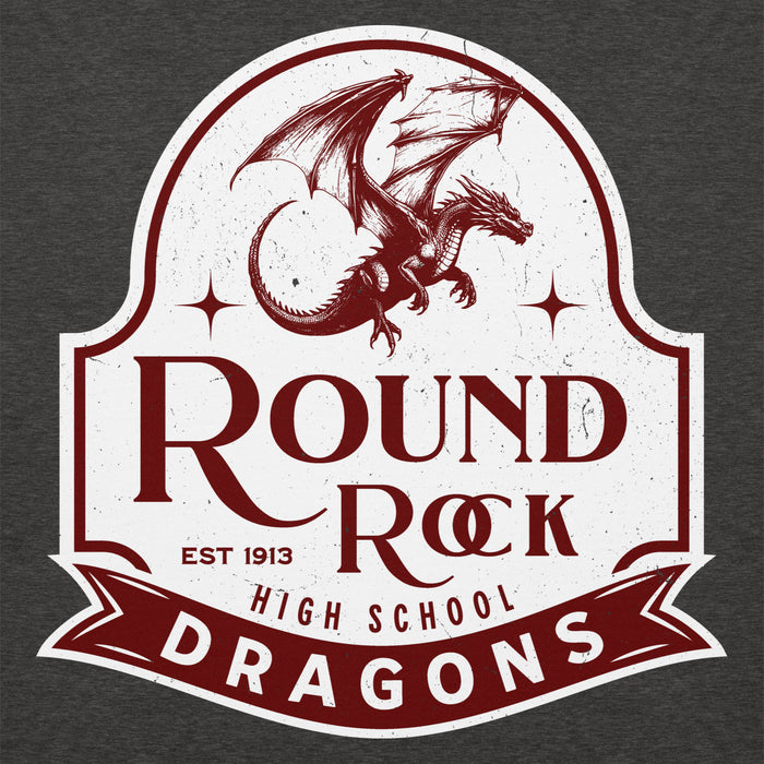 Close-up view of Round Rock High School Dragons Dark Grey Premium Unisex Hoodie 219