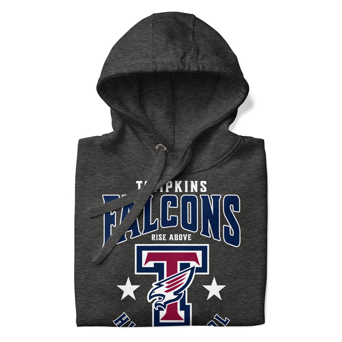 Neatly folded view of Tompkins High School Falcons Dark Grey Premium Unisex Hoodie 213