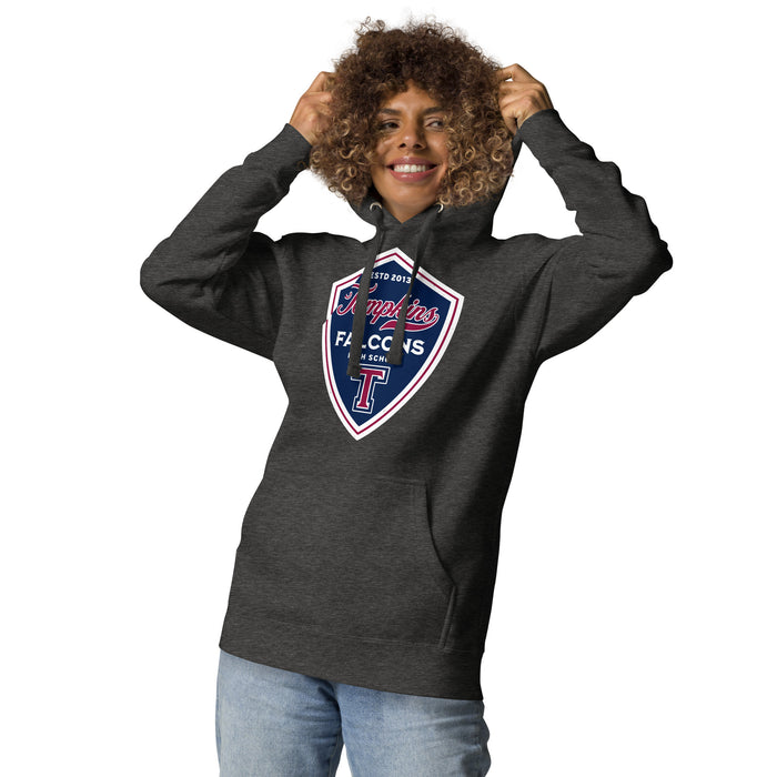 Woman wearing Tompkins High School Falcons Dark Grey Premium Unisex Hoodie 225