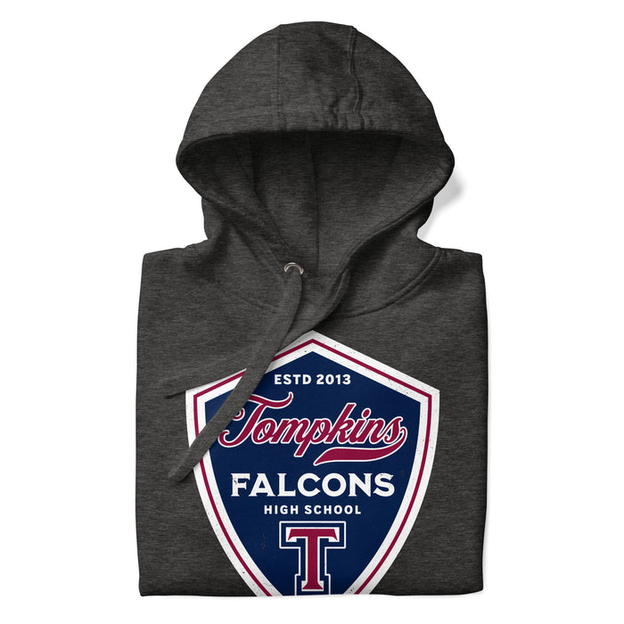 Neatly folded view of Tompkins High School Falcons Dark Grey Premium Unisex Hoodie 225