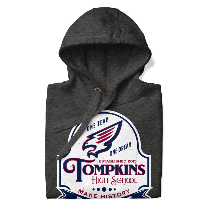 Neatly folded view of Tompkins High School Falcons Dark Grey Premium Unisex Hoodie 219