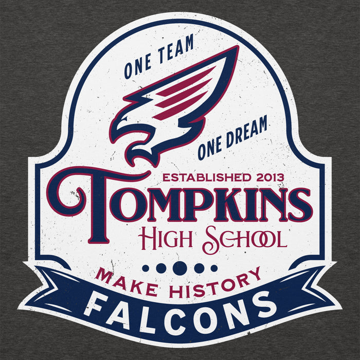 Close-up view of Tompkins High School Falcons Dark Grey Premium Unisex Hoodie 219