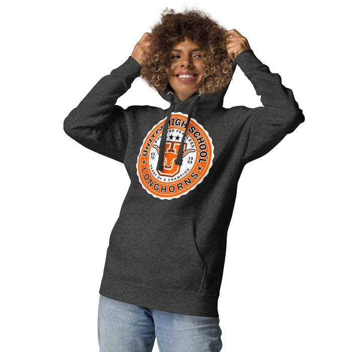 Woman wearing United High School Longhorns Dark Grey Premium Unisex Hoodie 216