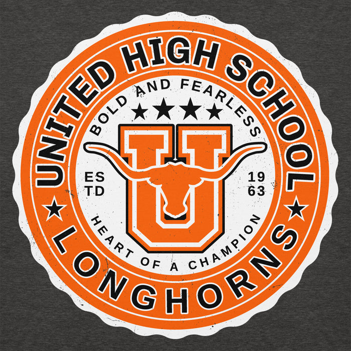 Close-up view of United High School Longhorns Dark Grey Premium Unisex Hoodie 216