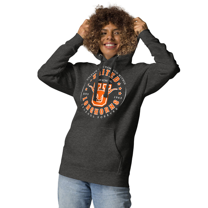 Woman wearing United High School Longhorns Dark Grey Premium Unisex Hoodie 214