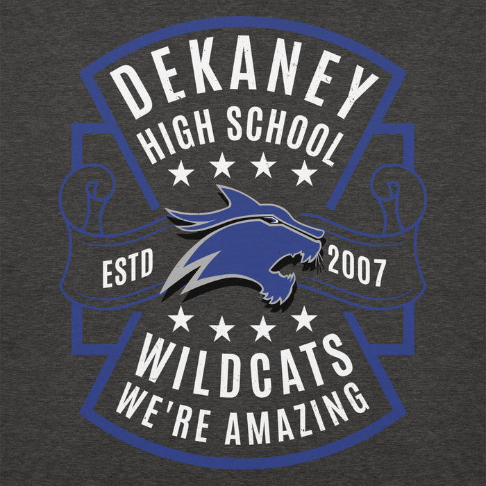 Close-up view of Dekaney High School Wildcats Charcoal Heather Grey Premium Unisex Hoodie 207