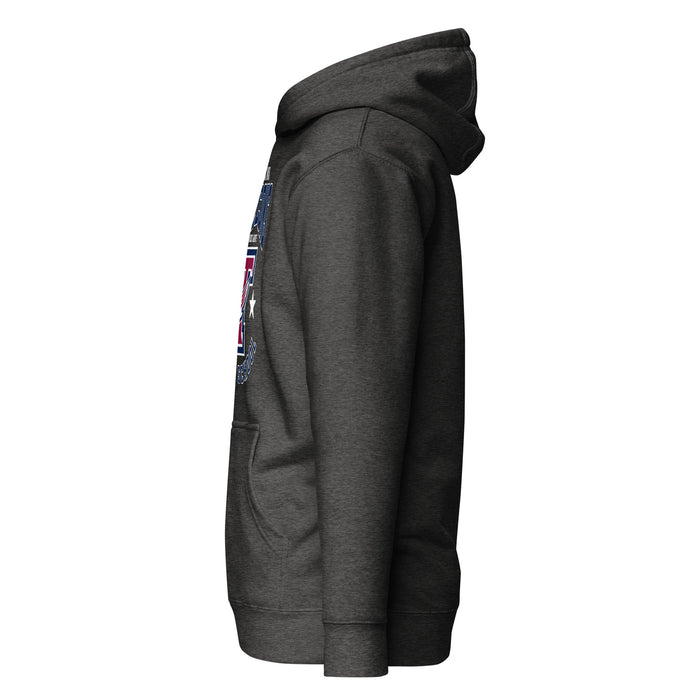 Left side view of Tompkins High School Falcons Dark Grey Premium Unisex Hoodie 213