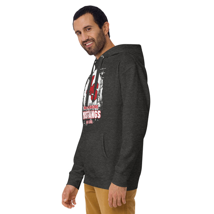 Man wearing North Shore High School Mustangs Dark Grey Premium Unisex Hoodie 202