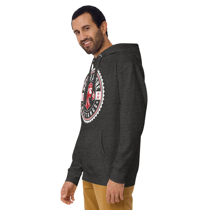 Man wearing North Shore High School Mustangs Dark Grey Premium Unisex Hoodie 203