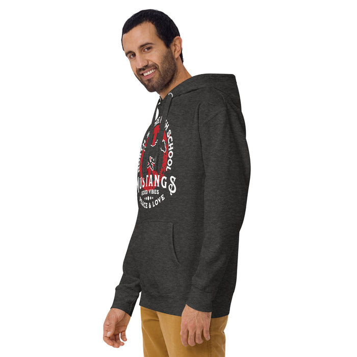 Man wearing North Shore High School Mustangs Dark Grey Premium Unisex Hoodie 206