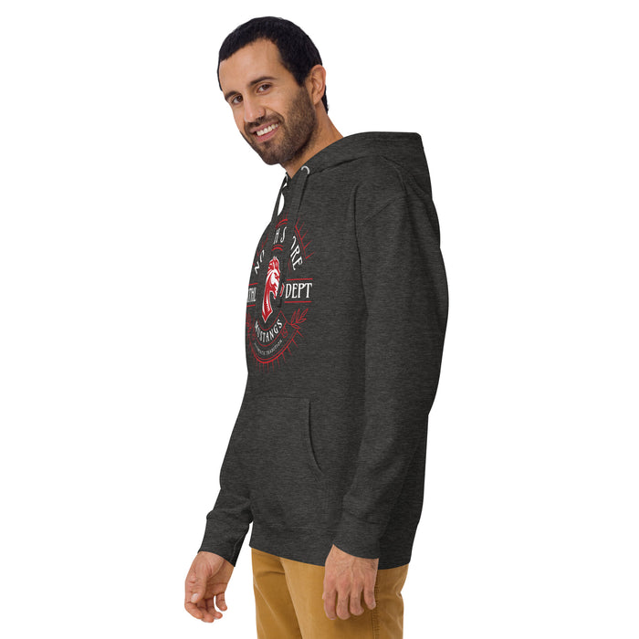 Man wearing North Shore High School Mustangs Dark Grey Premium Unisex Hoodie 201