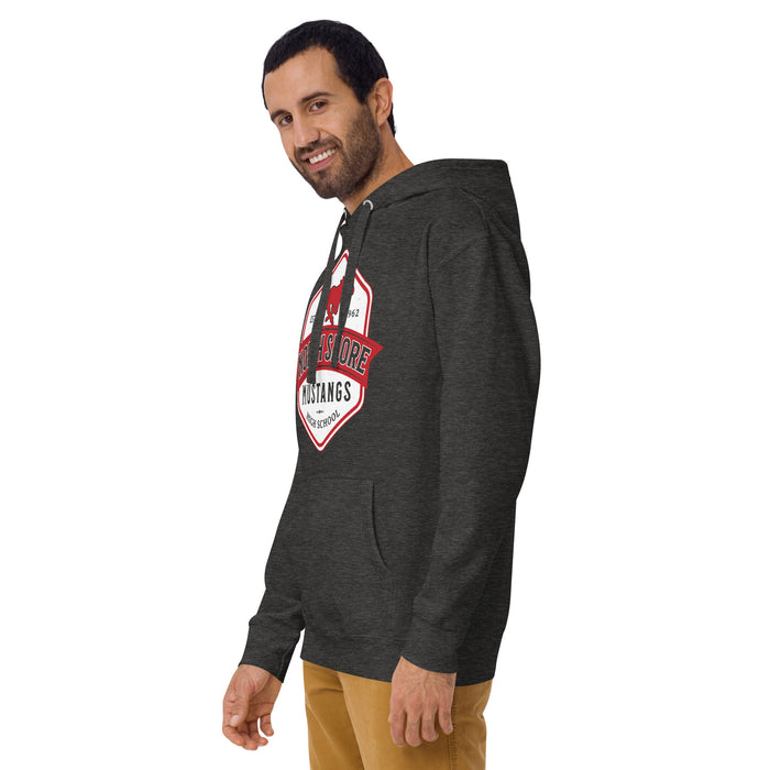 Man wearing North Shore High School Mustangs Dark Grey Premium Unisex Hoodie 209