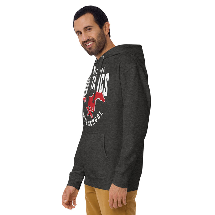 Man wearing North Shore High School Mustangs Dark Grey Premium Unisex Hoodie 213