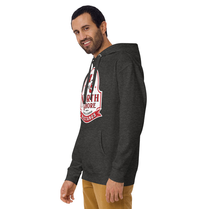 Man wearing North Shore High School Mustangs Dark Grey Premium Unisex Hoodie 219