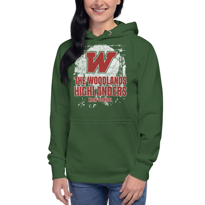 Woman wearing The Woodlands High School Forest Green Premium Unisex Hoodie 201