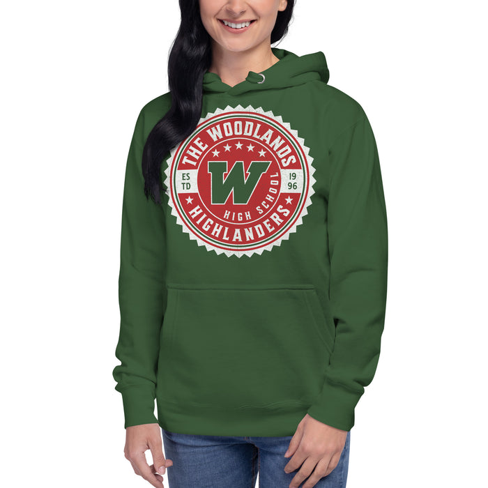 Woman wearing The Woodlands High School Forest Green Premium Unisex Hoodie 202