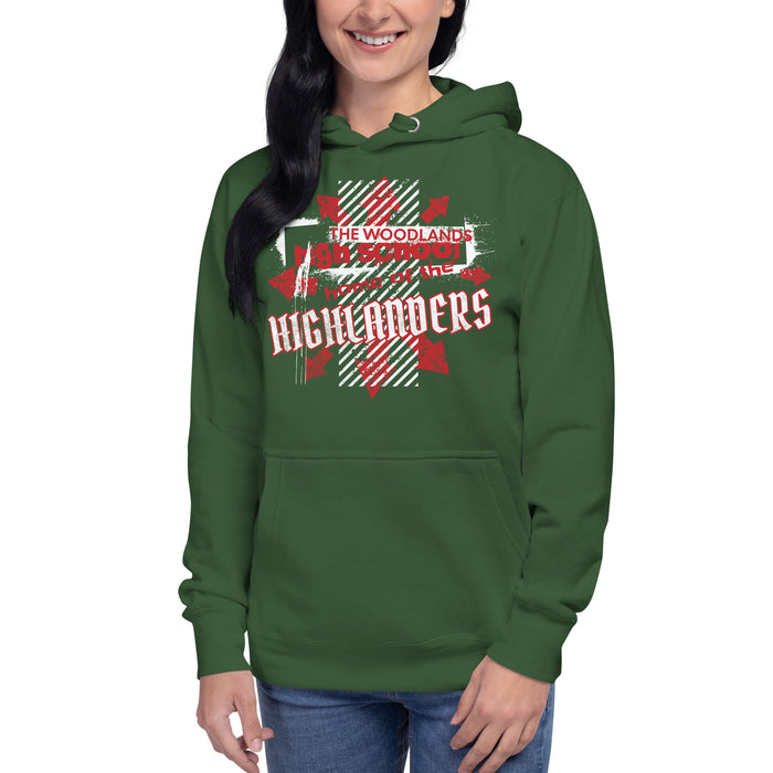 Woman wearing The Woodlands High School Forest Green Premium Unisex Hoodie 205