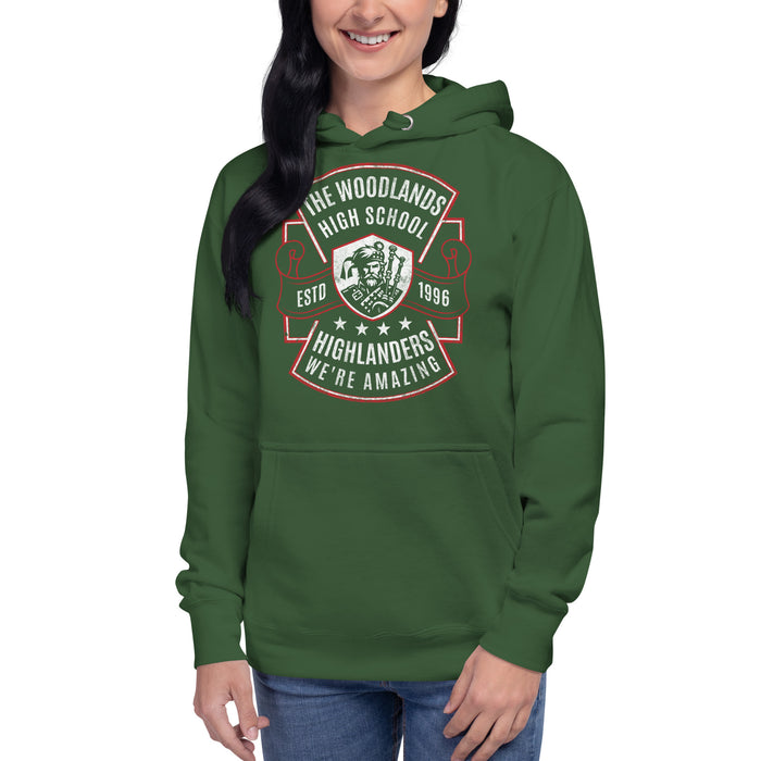 Woman wearing The Woodlands High School Forest Green Premium Unisex Hoodie 208