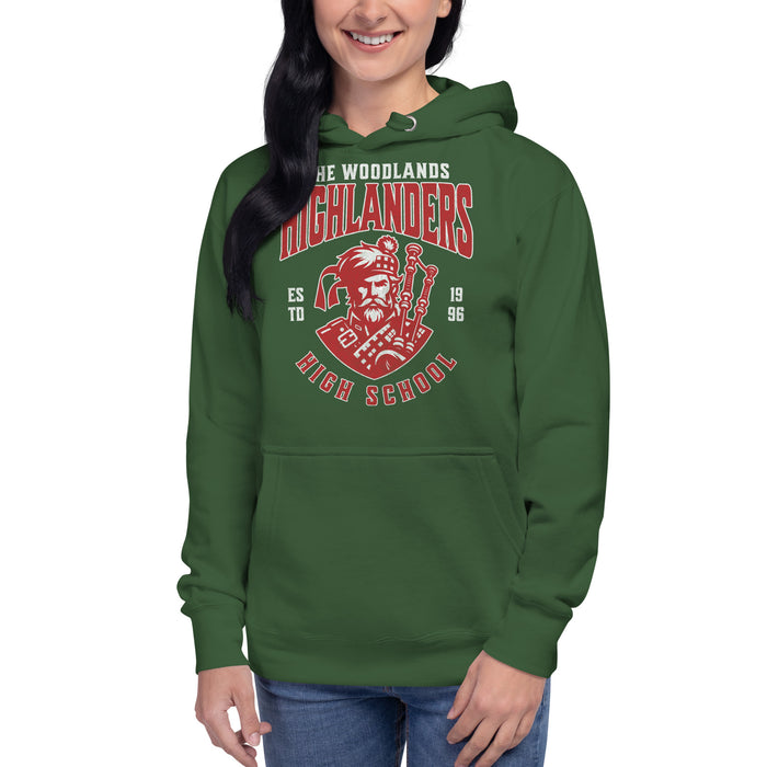 Woman wearing The Woodlands High School Forest Green Premium Unisex Hoodie 212