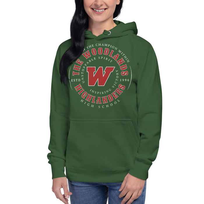 Woman wearing The Woodlands High School Forest Green Premium Unisex Hoodie 213