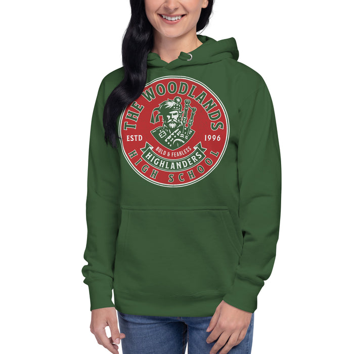 Woman wearing The Woodlands High School Forest Green Premium Unisex Hoodie 214