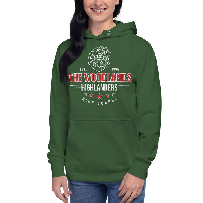 Woman wearing The Woodlands High School Forest Green Premium Unisex Hoodie 216