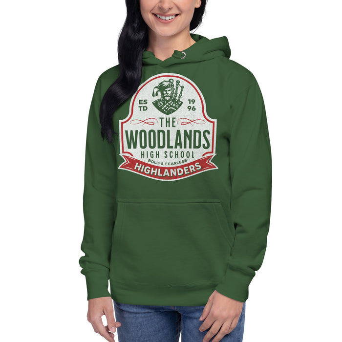 Woman wearing a The Woodlands High School Forest Green Premium Unisex Hoodie 218