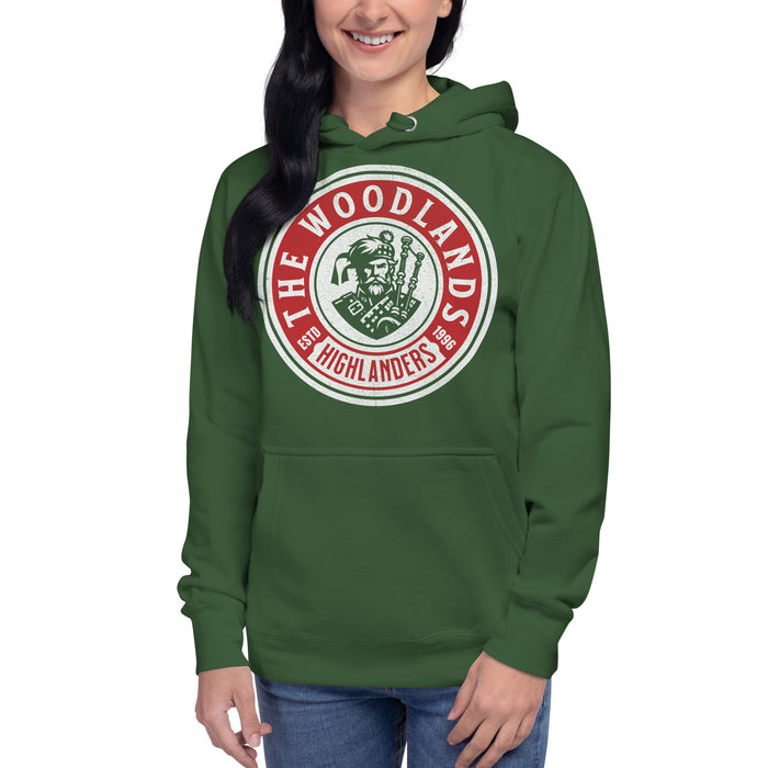 Woman wearing The Woodlands High School Forest Green Premium Unisex Hoodie 219