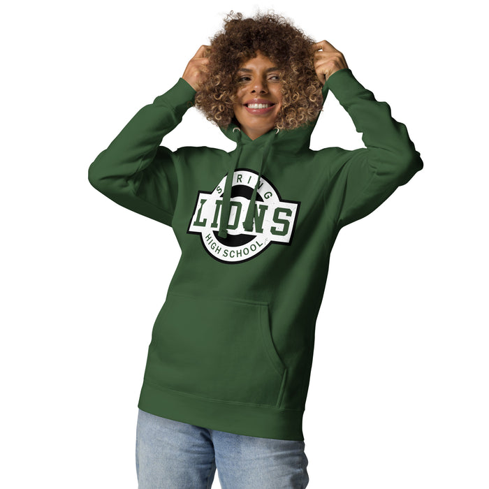 Woman wearing Spring High School Lions Forest Green Premium Unisex Hoodie 011