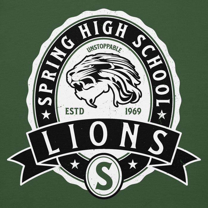 Close-up view of Spring High School Lions Forest Green Premium Unisex Hoodie 212