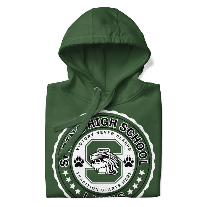 Neatly folded Spring High School Lions Forest Green Premium Unisex Hoodie 216